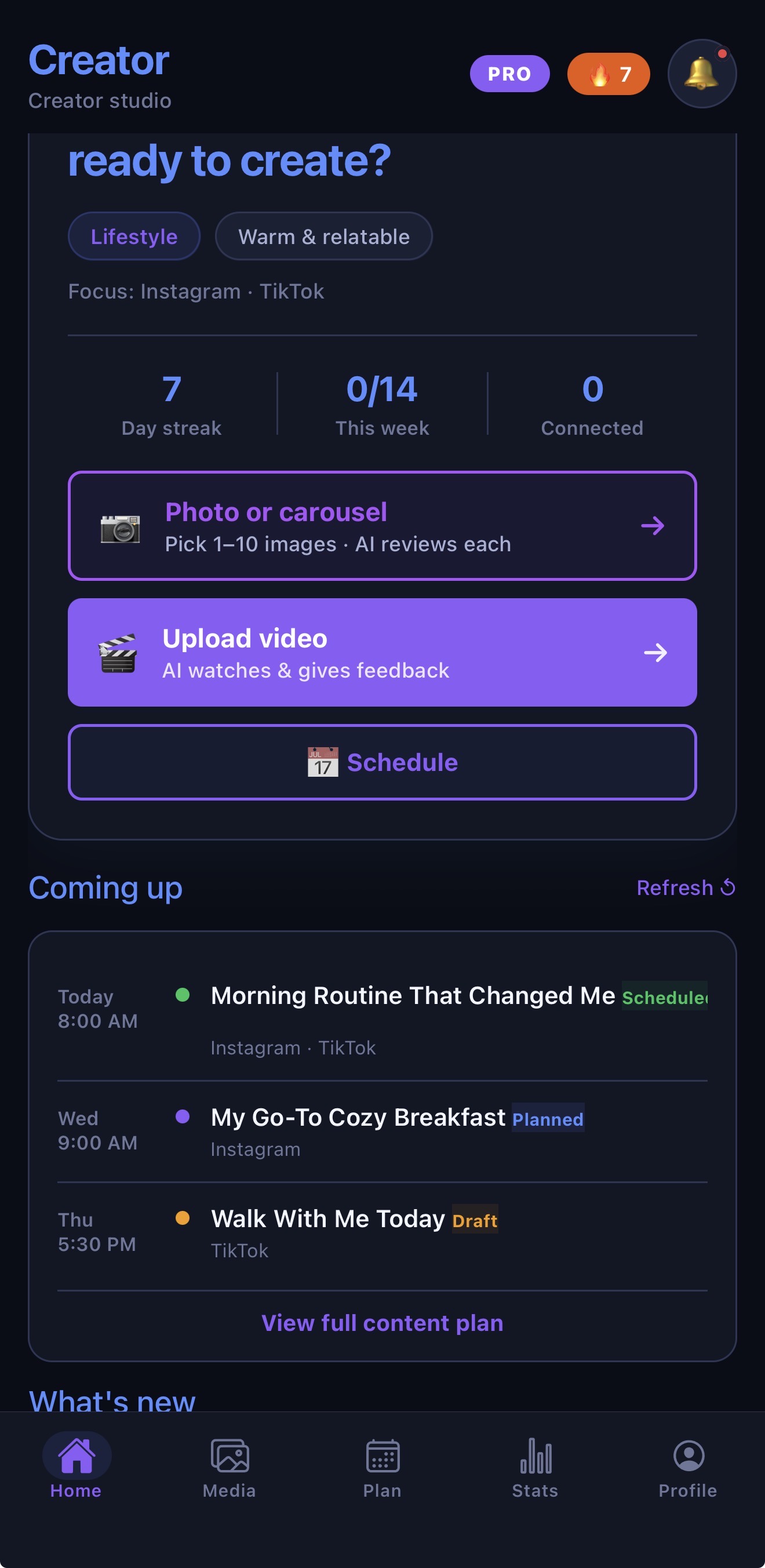 The Creator app — Creator Studio home screen